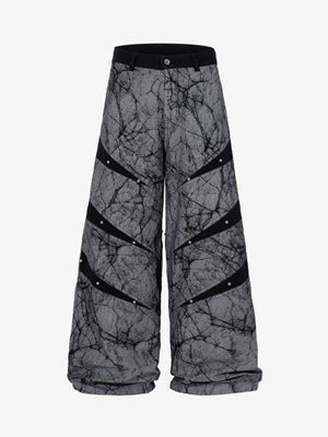 Cotton Blend Wide Leg Pants with Cracked Print and Black Panel Details 