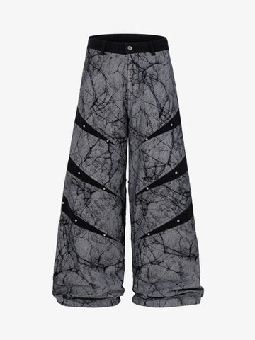 Crackle Print Panel Studded Pleated Denim Jeans 