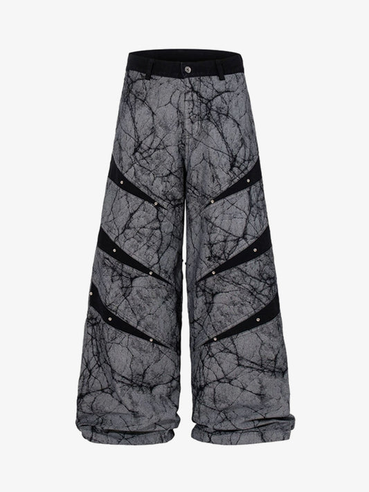 Cotton Blend Wide Leg Pants with Cracked Print and Black Panel Details 