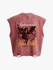 Vintage Washed Distressed Angel Graphic Sleeveless T-Shirt 