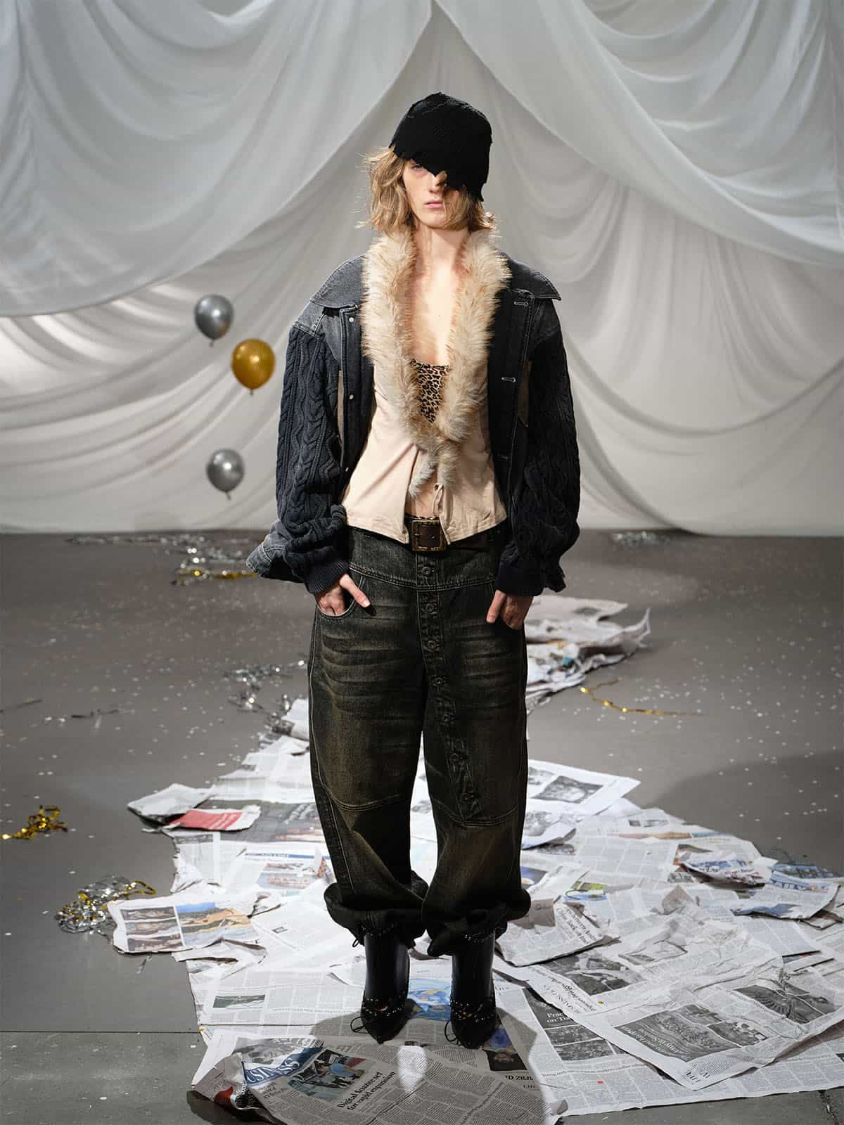 Stylish Denim Jacket with Cable Knit Sleeves and Leather Patches for Men 