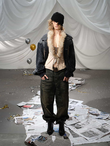 Stylish Denim Jacket with Cable Knit Sleeves and Leather Patches for Men 