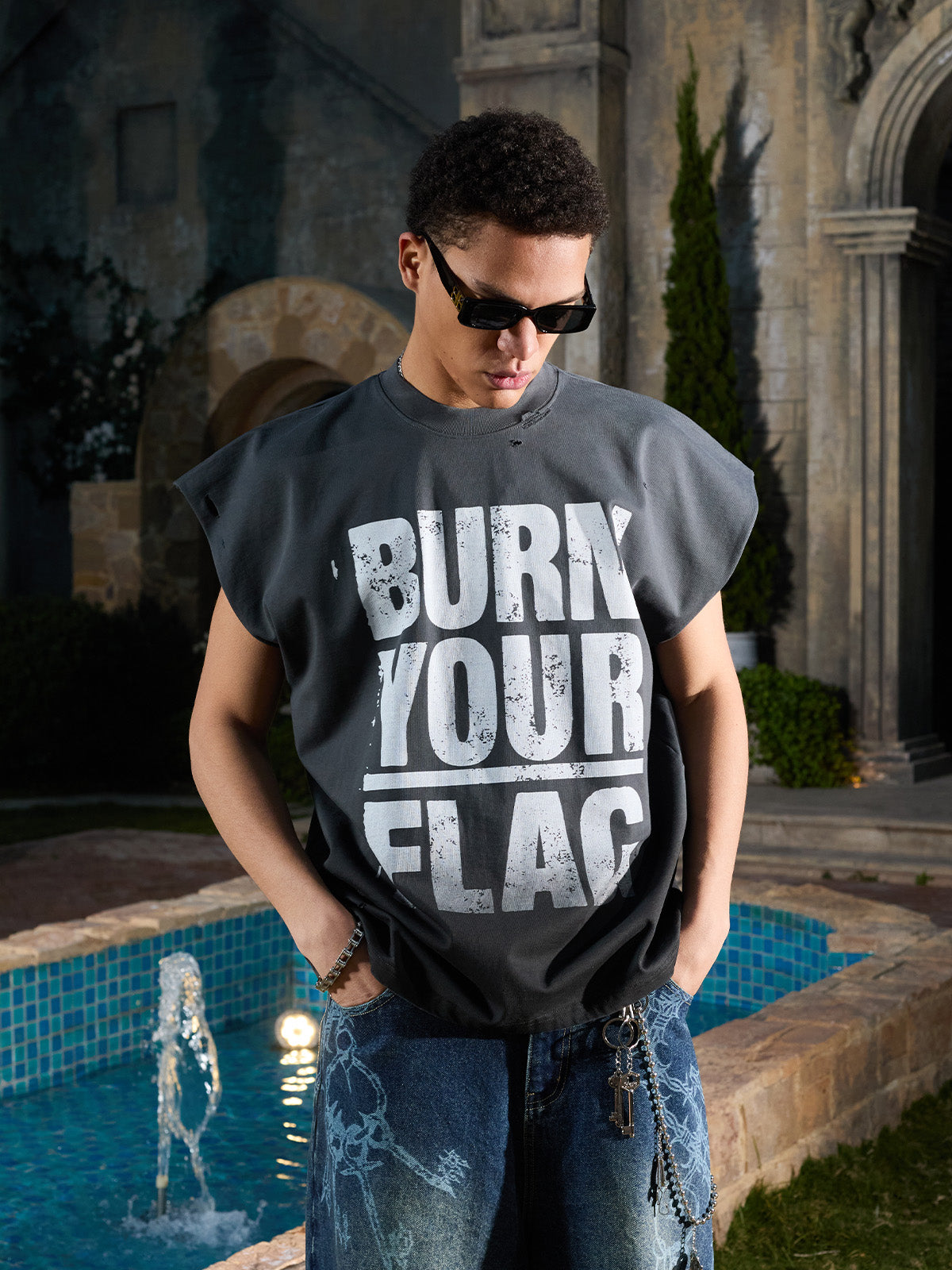 Supermade Distressed Ripped "Burn Your Flag" Sleeveless T-Shirt 