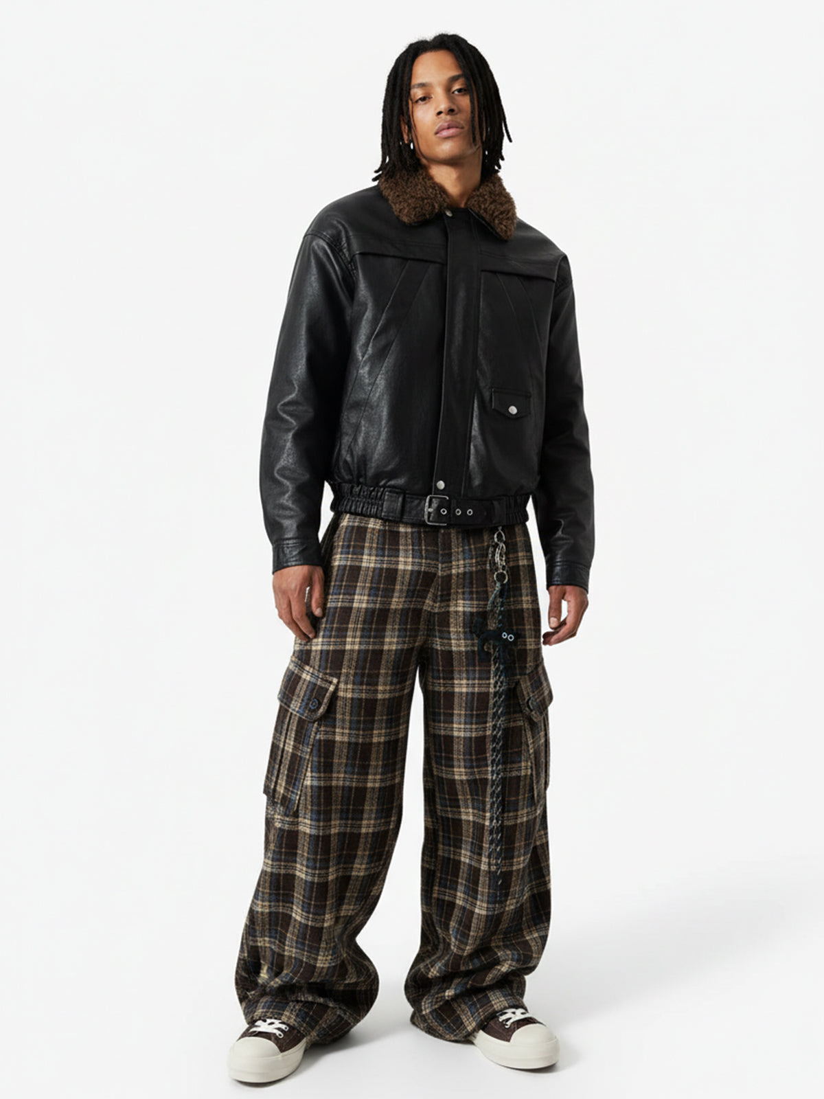 Vintage Plaid Pleated Multi-Pocket Cargo Casual Pants - 2524 