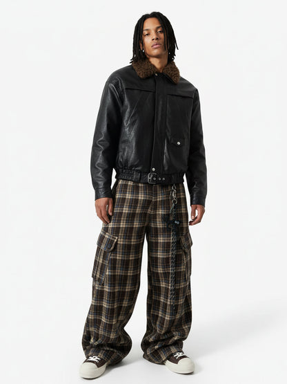 Vintage Plaid Pleated Multi-Pocket Cargo Casual Pants - 2524 