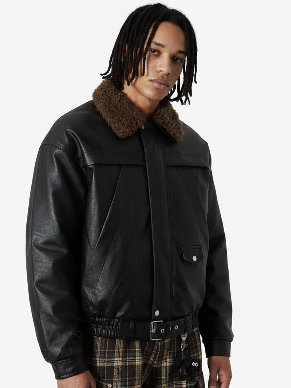 Vintage Detachable Fur Collar Quilted Leather Jacket - 2523 