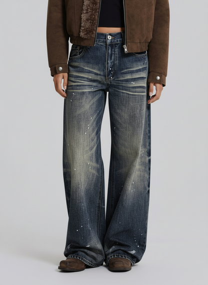 Washed Paint-Splatter Pleated Barrel Jeans 
