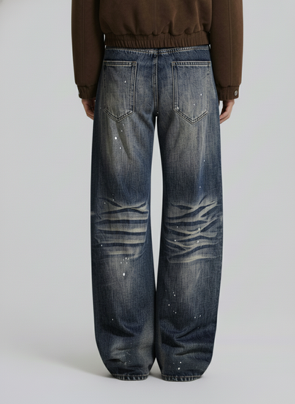Washed Paint-Splatter Pleated Barrel Jeans 
