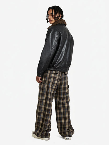 Vintage Plaid Pleated Multi-Pocket Cargo Casual Pants - 2524 