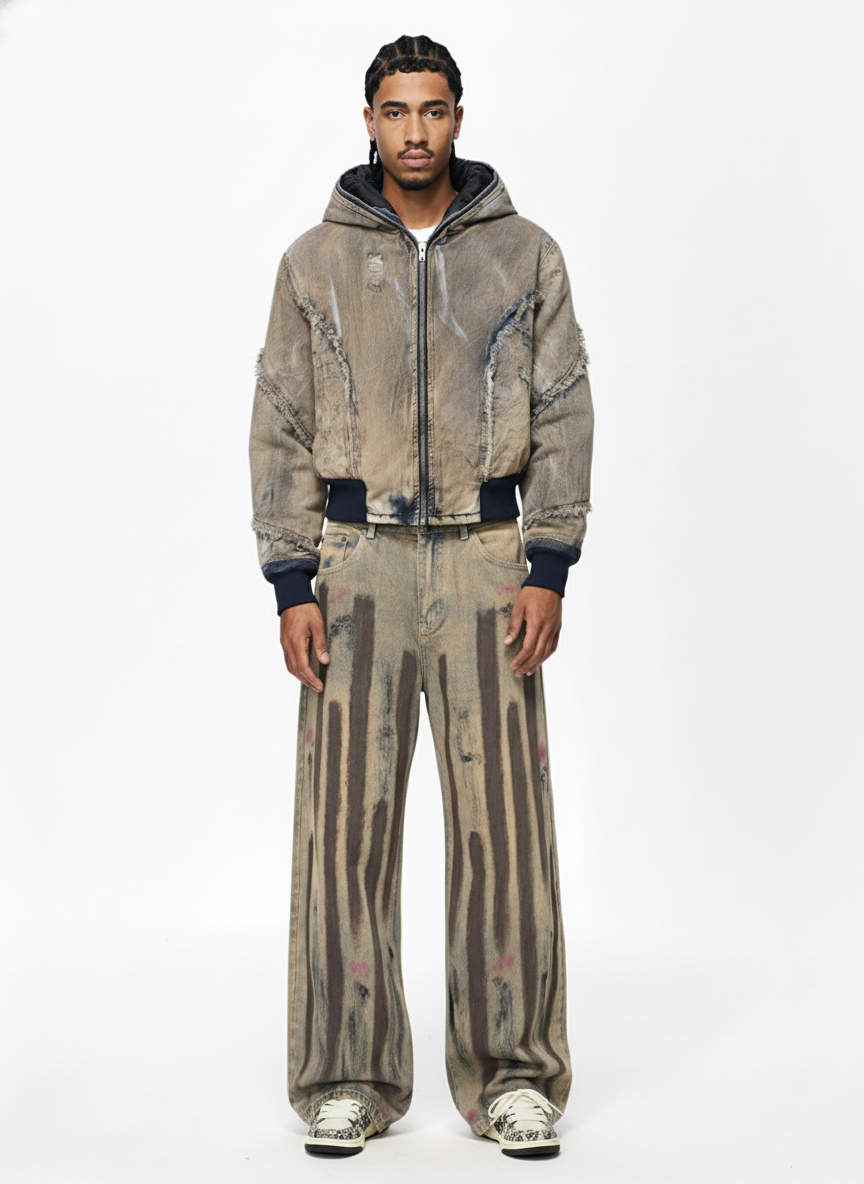 Distressed Mud-Dyed Frayed Edge Denim Bomber Jacket 