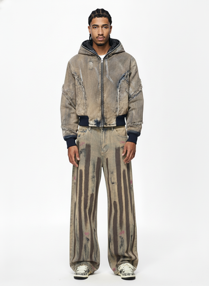 Distressed Mud-Dyed Frayed Edge Denim Bomber Jacket 