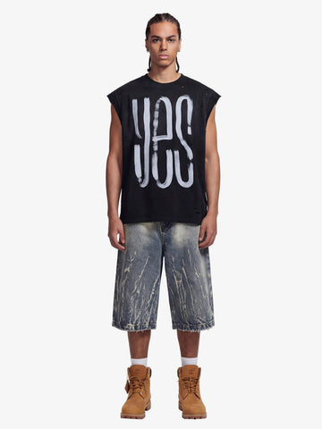 Vintage Distressed Hole Washed Letter Print Sleeveless Knit T-Shirt 