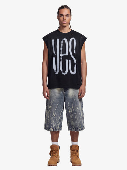 Vintage Distressed Hole Washed Letter Print Sleeveless Knit T-Shirt 