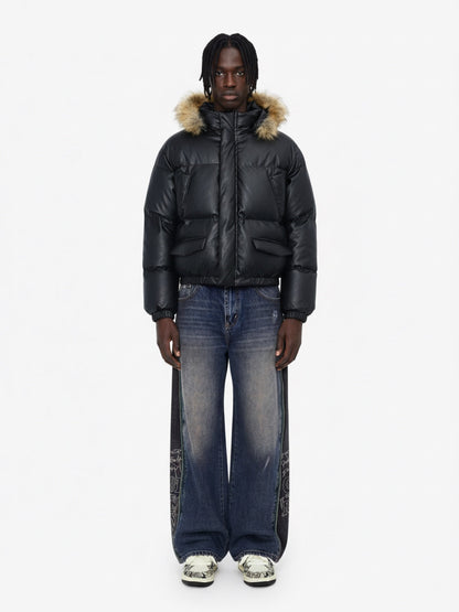 Retro Faux Fur Collar PU Puffer Zip Up Jacket 