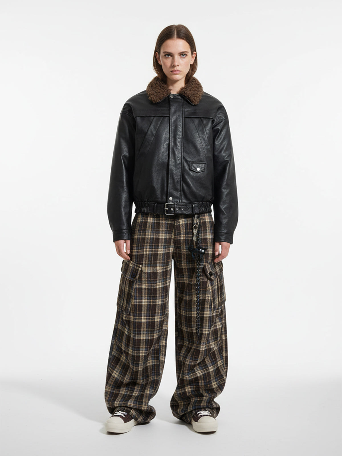 Vintage Plaid Pleated Multi-Pocket Cargo Casual Pants - 2524 