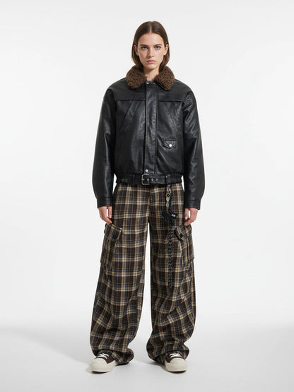 Vintage Plaid Pleated Multi-Pocket Cargo Casual Pants - 2524 