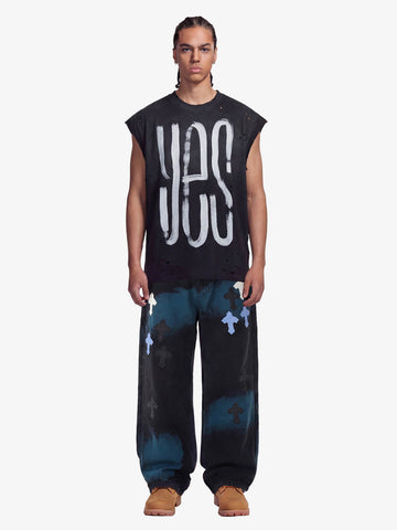 Smoke Fade Wash Cross Patch Baggy Denim Jeans 