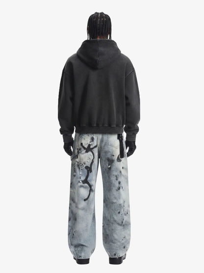 Vintage Washed Panel Construction Zip-Up Hoodie 