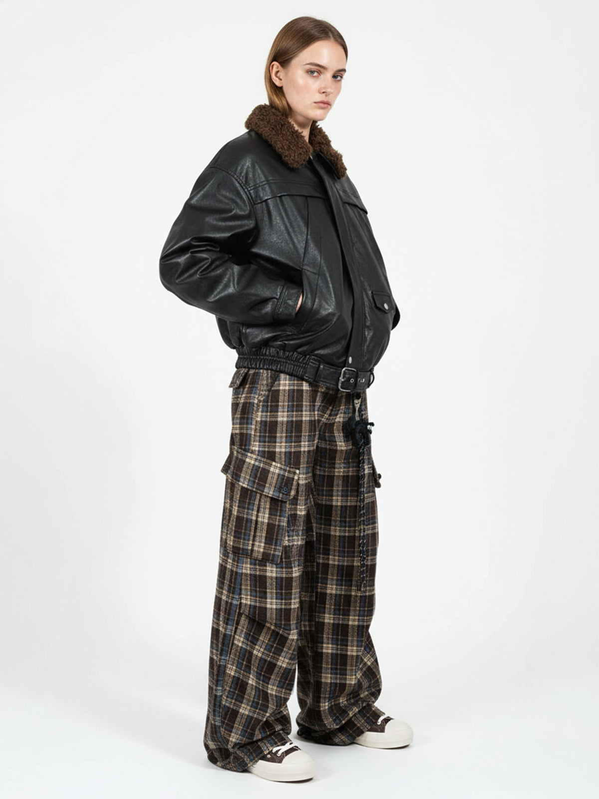 Vintage Plaid Pleated Multi-Pocket Cargo Casual Pants - 2524 