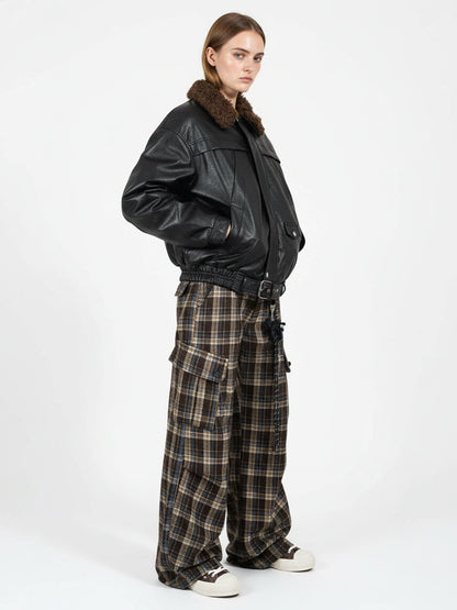 Vintage Plaid Pleated Multi-Pocket Cargo Casual Pants - 2524 
