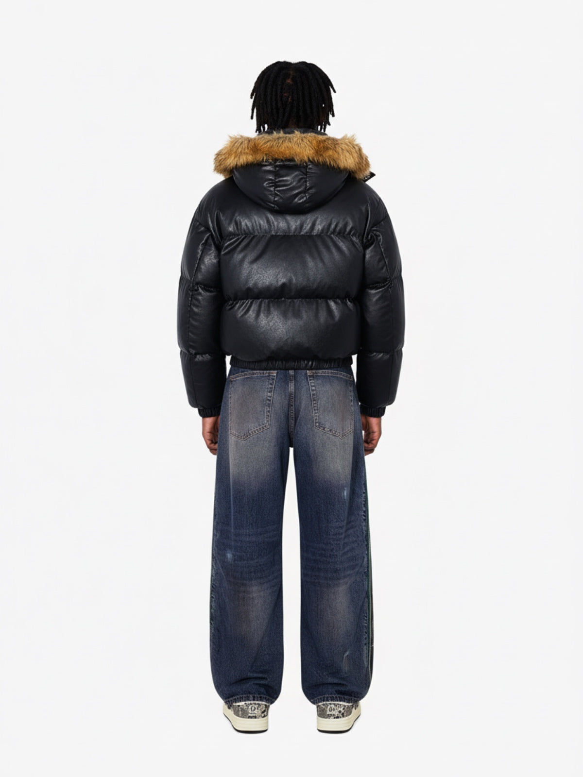 Retro Faux Fur Collar PU Puffer Zip Up Jacket 