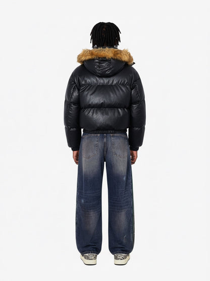 Retro Faux Fur Collar PU Puffer Zip Up Jacket 