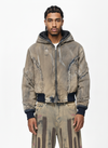 Distressed Mud-Dyed Frayed Edge Denim Bomber Jacket 
