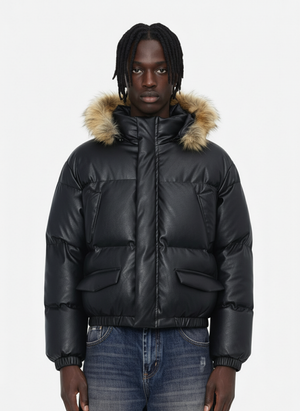 Retro Faux Fur Collar PU Puffer Zip Up Jacket 