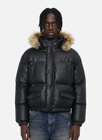 Retro Faux Fur Collar PU Puffer Zip Up Jacket 