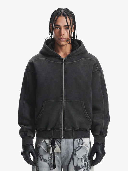 Vintage Washed Panel Construction Zip-Up Hoodie