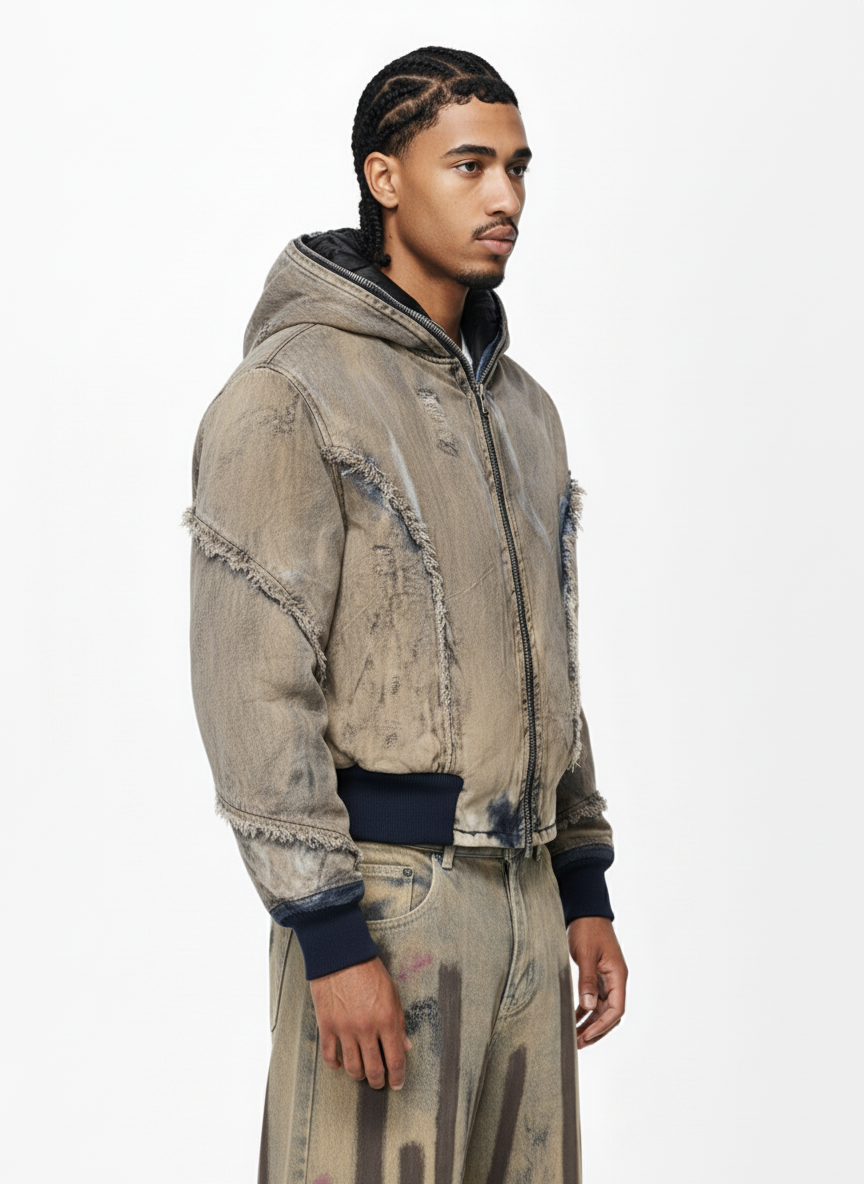 Distressed Mud-Dyed Frayed Edge Denim Bomber Jacket 