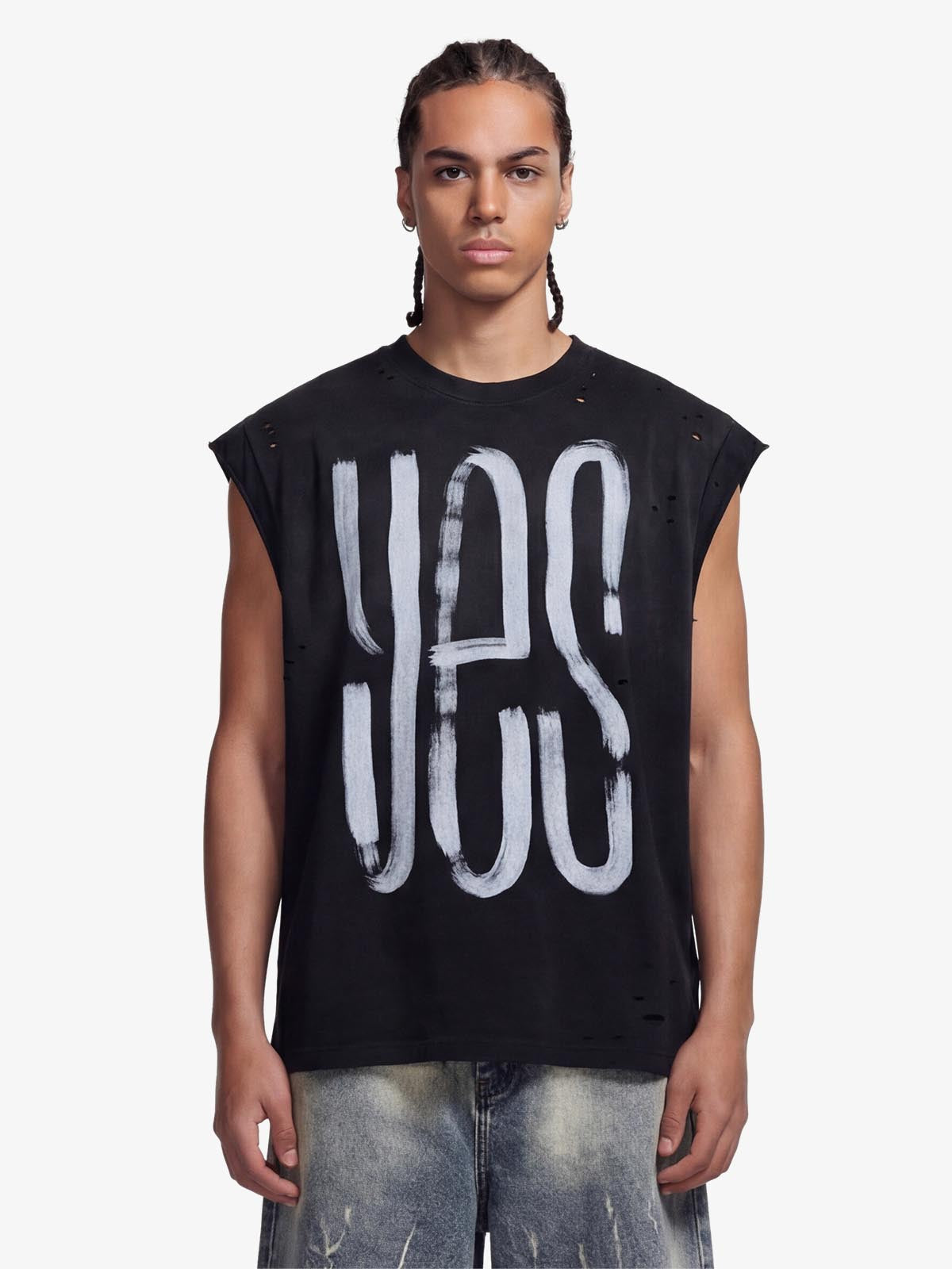Vintage Distressed Hole Washed Letter Print Sleeveless Knit T-Shirt 