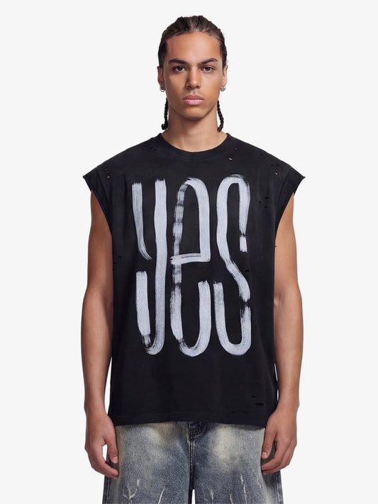 Vintage Distressed Hole Washed Letter Print Sleeveless Knit T-Shirt 