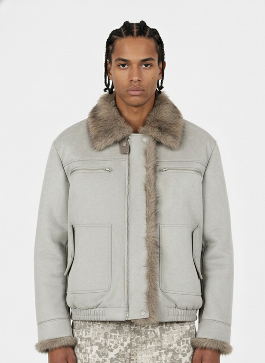 Vintage Suede Faux Fur Lined Aviator Bomber Jacket 