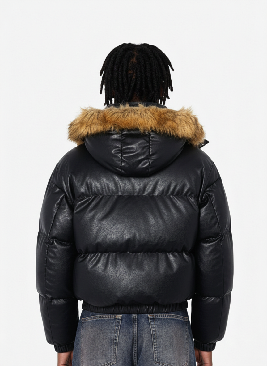 Retro Faux Fur Collar PU Puffer Zip Up Jacket 