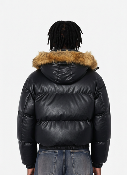 Retro Faux Fur Collar PU Puffer Zip Up Jacket 