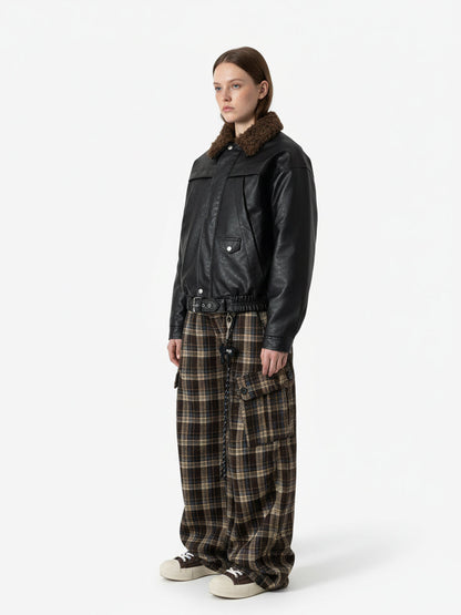 Vintage Plaid Pleated Multi-Pocket Cargo Casual Pants - 2524 