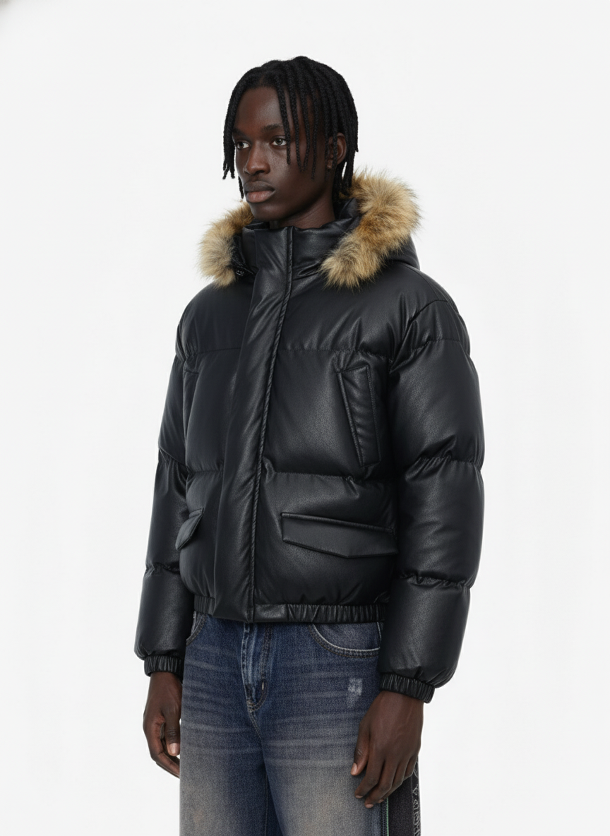 Retro Faux Fur Collar PU Puffer Zip Up Jacket 