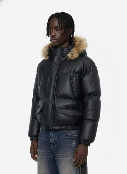 Retro Faux Fur Collar PU Puffer Zip Up Jacket 