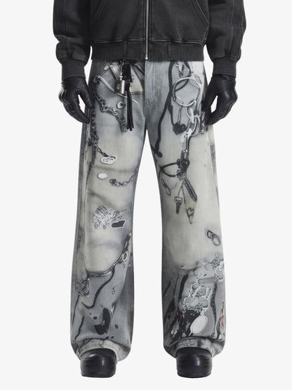 Abstract 3D Digital Print Wide-Leg Jeans
