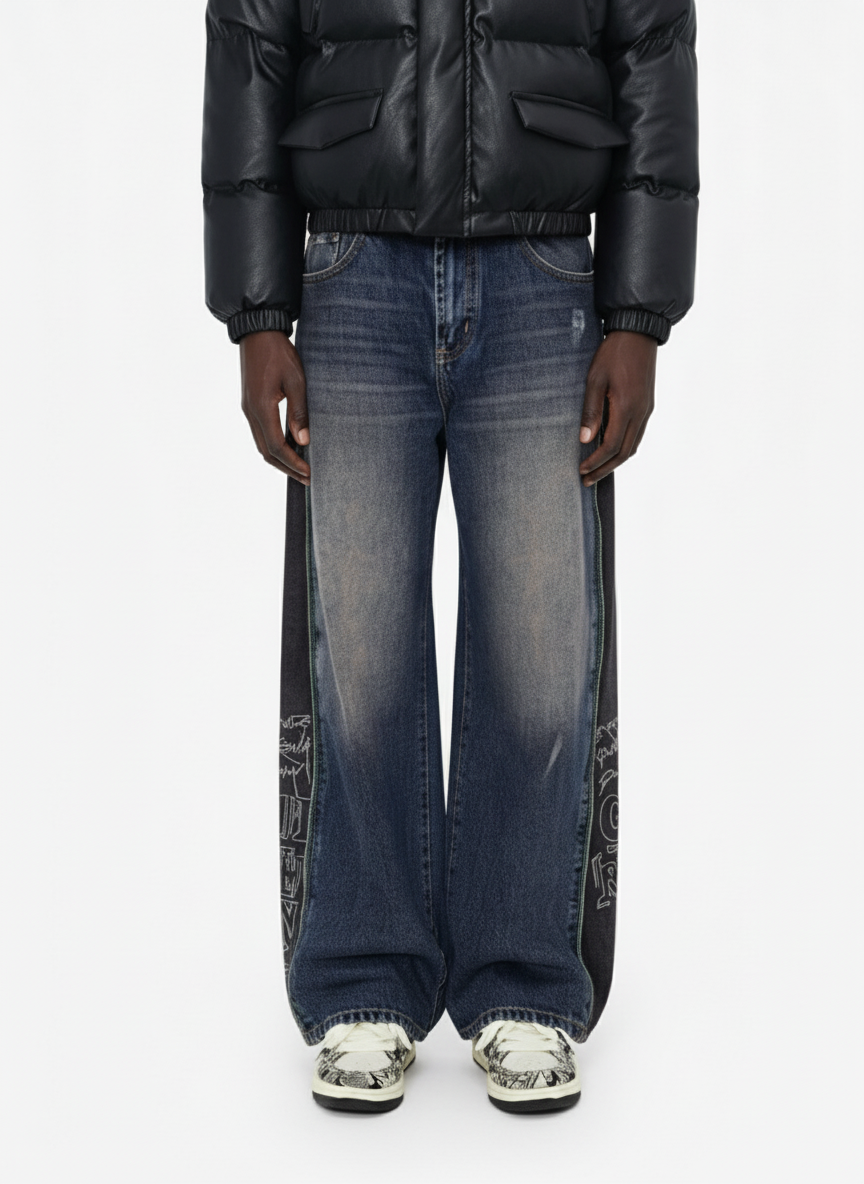 Side Zipper Spliced Distressed Wide-Leg Jeans 