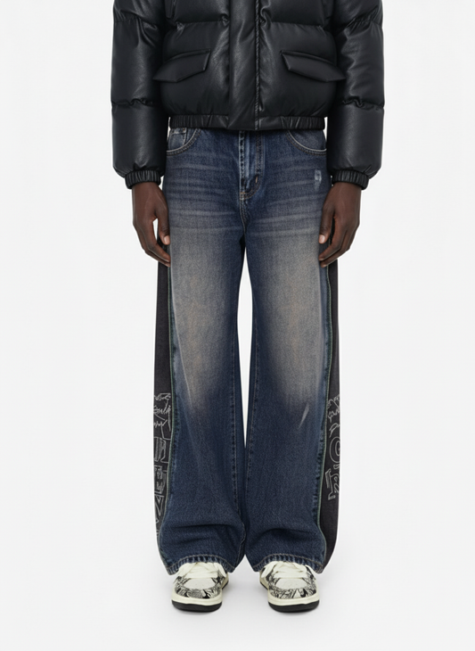 Side Zipper Spliced Distressed Wide-Leg Jeans 