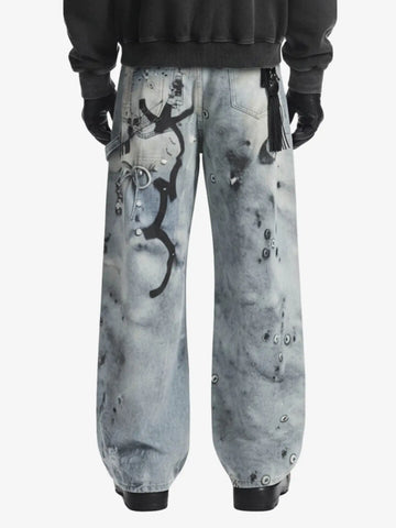 Abstract 3D Digital Print Wide-Leg Jeans 