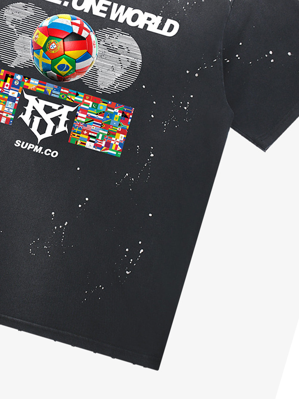 Unisex distressed loose-fitting cotton short-sleeved T-shirts featuring a "One ball, one world" slogan print and an ink-splatter wash finish. 