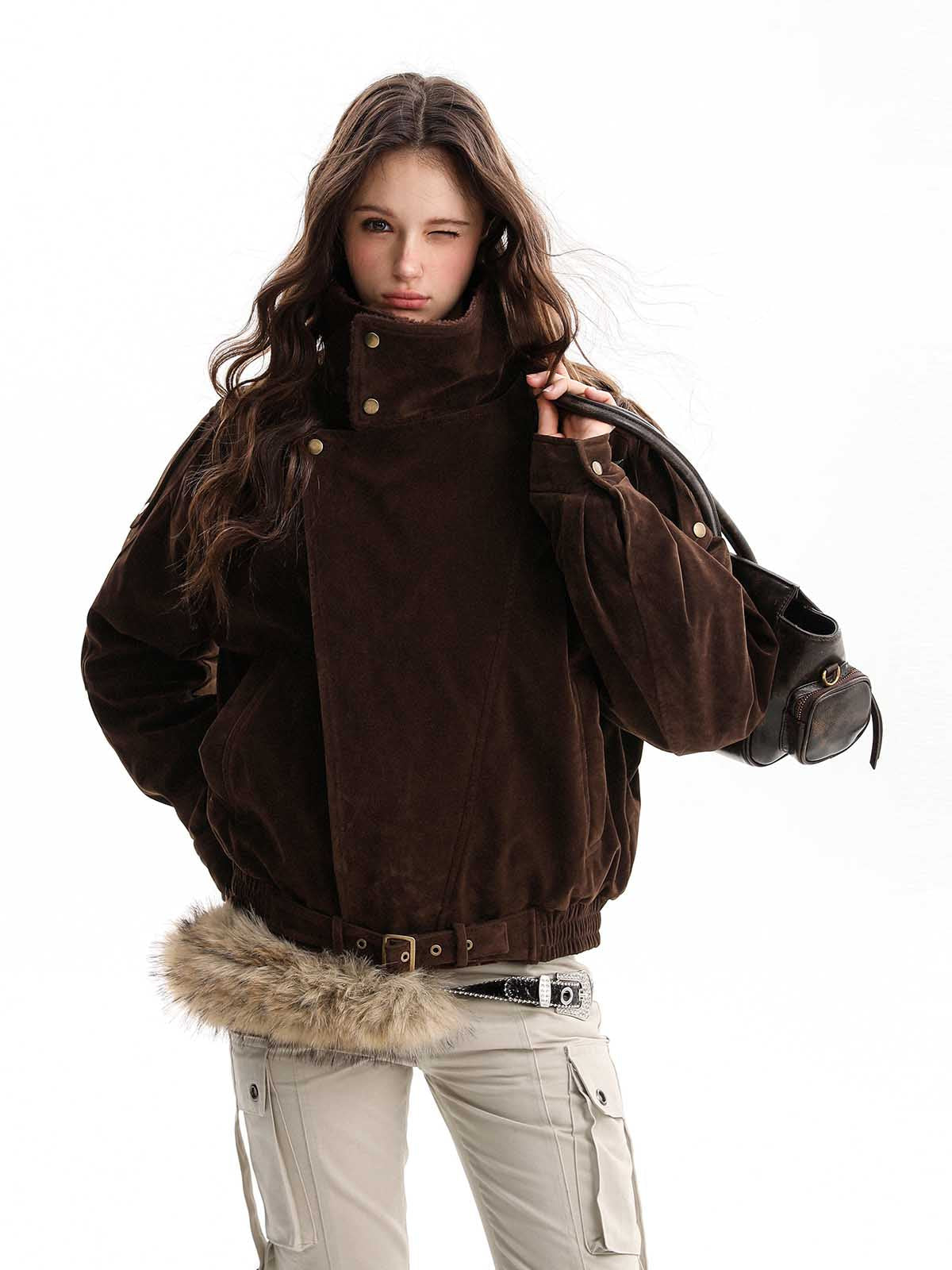 Retro Lambswool Stand Collar Asymmetrical Suede Padded Jacket 