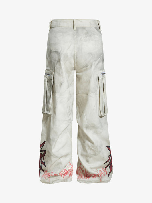 Stylish Wide-Leg Cargo Pants with Unique Embroidery and Zipper Accents 