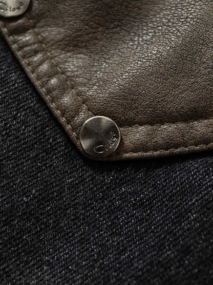 Stylish Denim Jacket with Cable Knit Sleeves and Leather Patches for Men 