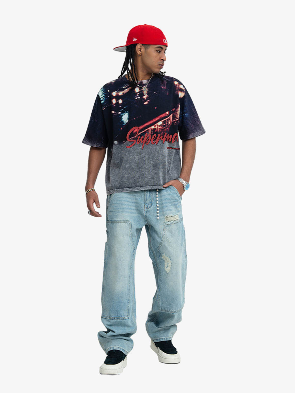 300G Cotton Nightfall Jade Pattern Dyeing Oversized T-Shirt for Men Streetwear Fashion 