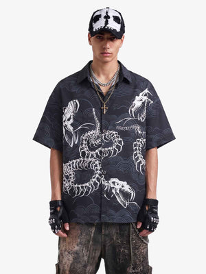Japanese Wave Dragon Skeleton Camp Collar Boxy Shirt 