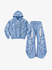 Washed Eyelet Distressed Hoodie & Curved-Leg Sweatpants Set